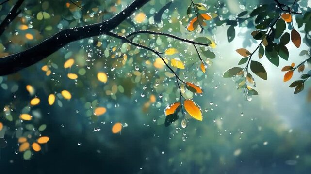 Rain-Kissed Leaves: A serene image of delicate leaves adorned with raindrops, bathed in a soft, ethereal glow. The lush greenery and gentle rain create a tranquil atmosphere.