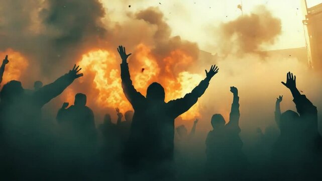 Apocalyptic Gathering: Silhouetted figures with arms raised against a backdrop of a massive explosion, an evocative depiction of the end of the world.