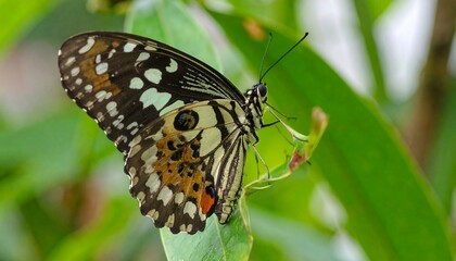 Butterfly perched on a green leaf.