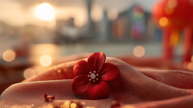Close-up of a red bauhinia brooch on silk, golden light on petals, festive city backdrop - celebrating Hong Kong's establishment day with elegance.
