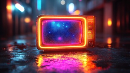 Retro TV in Neon Cityscape
