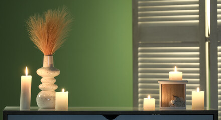 Burning candles and vase with grass on table near green wall in dark room