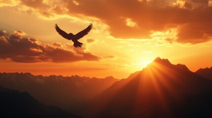 Majestic Eagle Soaring at Sunset Over Dramatic Mountains