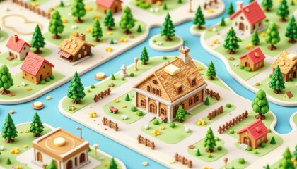 Miniature Food concept, Colorful miniature village with houses, trees, and winding river.