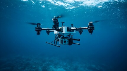 Naklejka premium Underwater Drone with Camera, Submerged in Ocean
