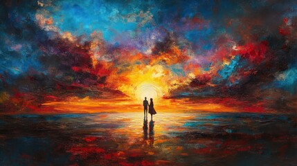 Fototapeta premium Sunset Romance: A Couple Silhouetted Against a Vibrant, Colorful Sky