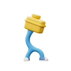 Fototapeta premium A 3D cartoon character features a yellow tank as a body, blue bent legs resembling arms, and shoes, often used in humorous or surreal illustrations.