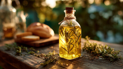 Infused oil with herbs, presented with fresh bread on a rustic wooden table.
