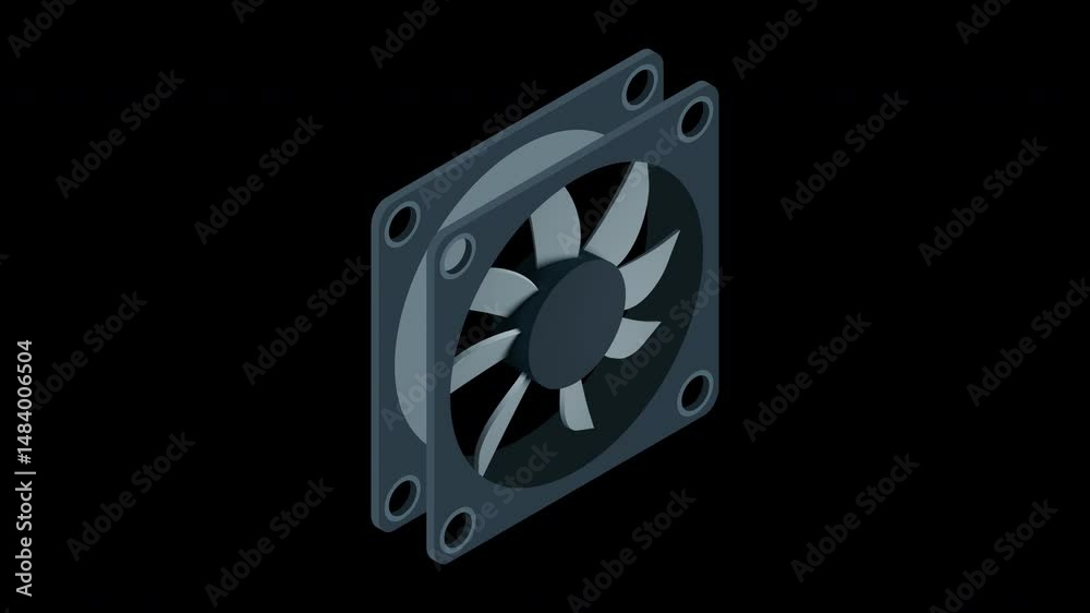 Poster isometric computer fan animation. computer fan cooler. isometric of pc case fan. computer hardware c