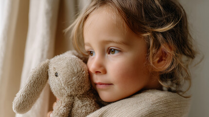 Gentle moment: child embracing stuffed bunny with care and tenderness