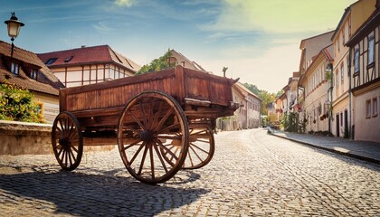 Fototapeta premium old wooden cart on cobblestone street in historic european village during sunny day