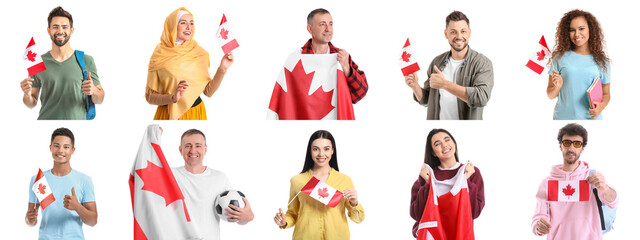Set of people with flags of Canada on white background