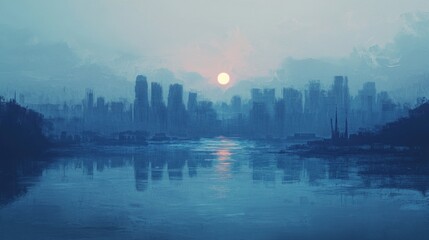 Fototapeta premium Ethereal cityscape panorama reflecting on calm waters under the pastel sun