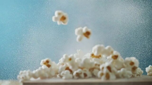 Popcorn Explosion: A dynamic, high-speed shot captures the moment of popcorn bursting and exploding with dynamic energy and deliciousness.