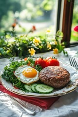 Sunny-side-up egg, meat patty, salad, and tomato breakfast