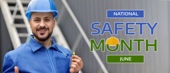 Male builder with earplugs outdoors, closeup