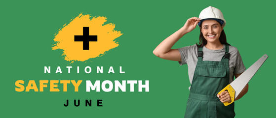 Young female construction worker with saw on green background. Woman in male profession concept