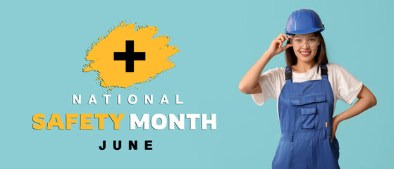 Young female worker with protective gear on blue background