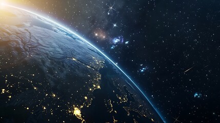 Obraz premium Earth At Night View With Bright City Lights And Starry Sky Background