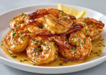 Delicious garlic shrimp garnished with parsley and lemon.