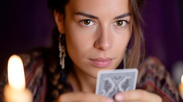 Enigmatic tarot reader with focused gaze in candlelight setting