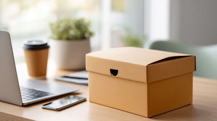 Modern workspace with branded delivery box and laptop on wooden office desk