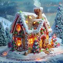 Obraz premium Magical Gingerbread House at Night with Glowing Lights and Snow