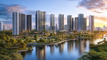Cityscape view of tall buildings reflecting in a lake with a park in the foreground view at sunset