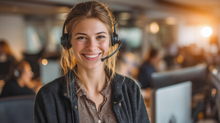 Friendly customer service representative wearing headset smiles in a busy office environment, ready to assist clients.