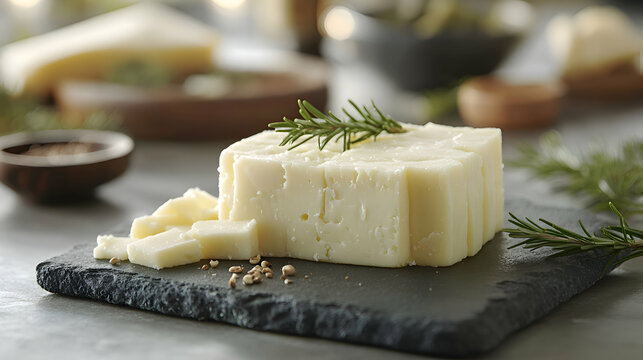 Queso Blanco de Burgos, Burgos White Cheese Burgos white cheese cylinders on slate, soft crumbly texture, pale neutral background