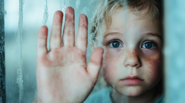 Emotional prison visit separation: child and parent divided by glass barrier