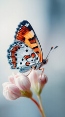 Obraz premium Vibrant butterfly resting gently on a delicate pink flower in a serene composition.