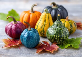 Colorful pumpkins arranged on a wooden table with autumn leaves.