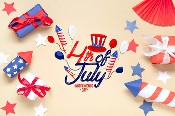 Obraz premium Gift boxes with firework rockets and fan on pale yellow background. American Independence Day