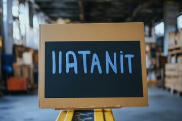 Close up of a cardboard box with a black sign that says iiatanit in a warehouse environment