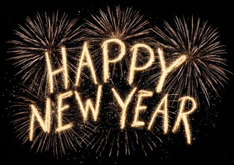 Bright 'Happy New Year' fireworks display in the night sky.