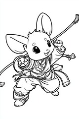 Adorable cartoon mouse character in a martial arts outfit, wielding a staff with a cheerful expression.