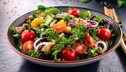 fresh and colorful vegetable salad with herbs cherry tomatoes and crunchy toppings