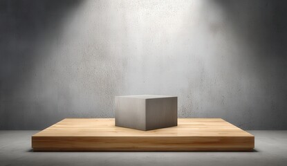 Minimalist cube on wooden platform in spotlight.