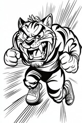 Obraz premium A fierce cartoon tiger character with muscular arms, running excitedly with an aggressive expression.