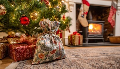 Festive gift bag under a Christmas tree by a cozy fireplace.