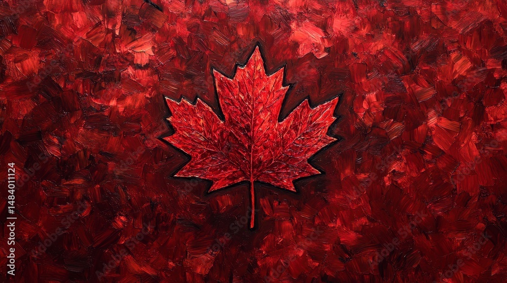Aufkleber Red maple leaf on a textured red background.