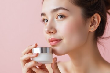 Young woman holding skincare cream jar with gentle expression  