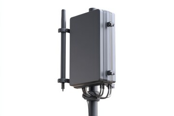 Close-up of a dark gray cellular antenna mounted on a pole against a white background. The antenna has a sleek, modern design.