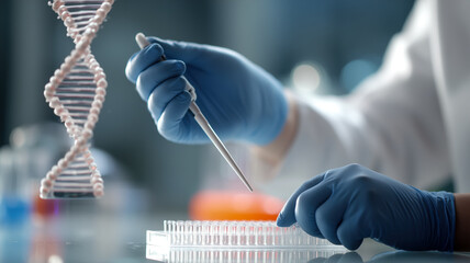 Fototapeta premium Close-up of a scientist using a pipette to add a sample into a multi-well plate with a DNA model in the background.