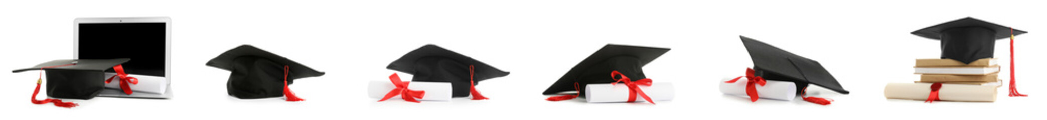 Set of graduation hats and diplomas on white background