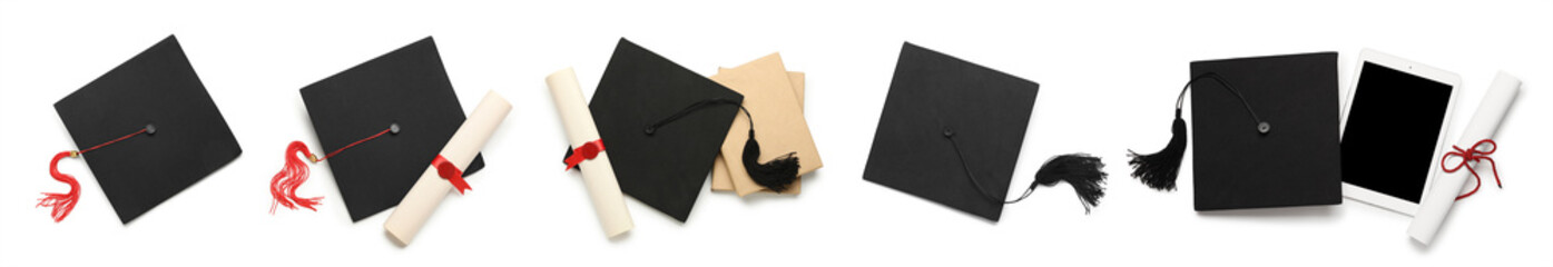 Set of graduation hats and diplomas on white background, top view