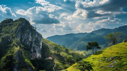 Fototapeta premium Green Mountains Under Cloudy Sky Sunlight Illuminated Scenic View