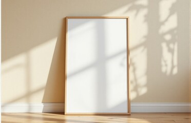 Minimalist A3 poster mockup with thin frame, standing on the wall. Natural lighting creates soft shadows for a modern and clean design. Perfect for branding or marketing