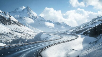 Snowy mountain road winding through landscape